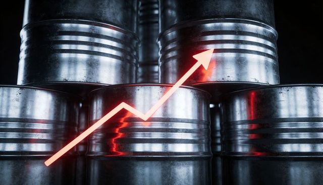 Rising Oil Price Concept: Stacked Steel Barrels Reflecting Red Upward Arrow