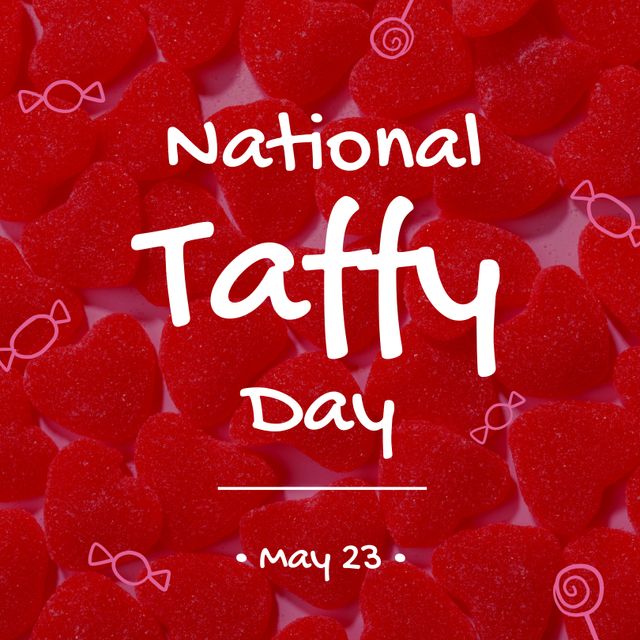 Composite of national taffy day text and closeup of red candies, copy space. Candy, sweet food, temptation and celebration concept.