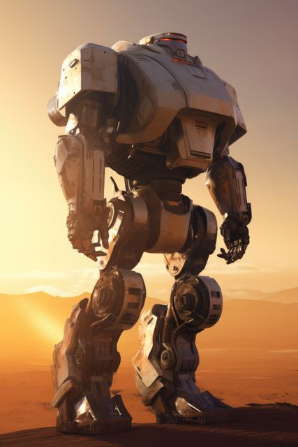 White mecha giant robot with lights over desert, created using generative ai technology. Mecha, science fiction and machines concept digitally generated image.