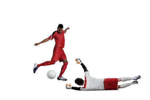 Football players battling for ball in transparent background