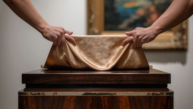 Museum unveiling concept showing hands pulling gold satin drape over wood pedestal