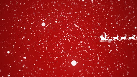 Santa and Reindeer Animation Over Snowy Red Background
