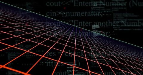 Neon wireframe grid receding into cyber void with holographic code, glow and vanishing point