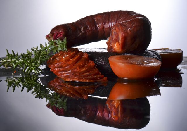 Close-Up of Smoked Sausages with Fresh Tomatoes and Herbs on Reflective Surface - Download Free Stock Images Pikwizard.com