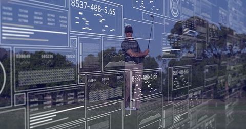 Golfer teeing off enhanced with digital performance analytics