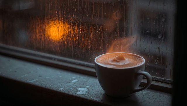 Steaming latte on wet windowsill with warm orange bokeh and rainy glass