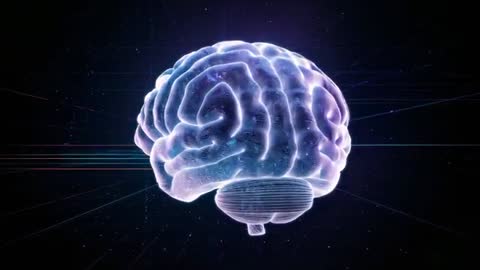 Holographic Brain Rotating in Futuristic Space