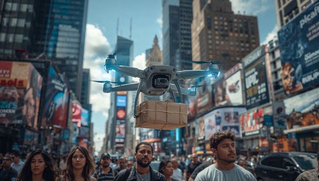 Hovering drone delivering parcel over crowded urban intersection with billboard background