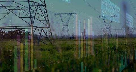 Electric transmission network across rural meadow with energy data analytics overlay