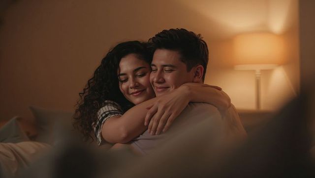 Romantic couple embracing on bed in warm lamp glow intimate evening moment