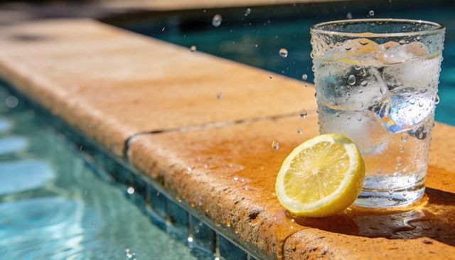 Refreshing glass with ice and lemon splashing on poolside coping, sunlit blue-tile summer drink