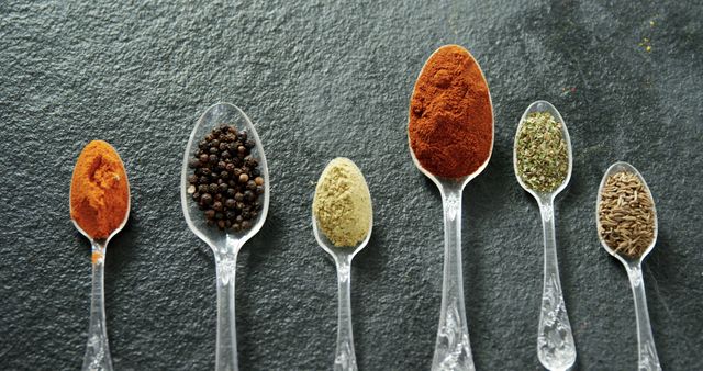 Assorted spices beautifully presented in different-sized spoons on a dark stone surface. Great for representing cooking ingredients, seasoning, culinary creativity, food blogs, and kitchen decor. Highlights the vibrant colors and textures of various spices.