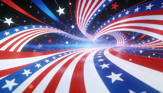Twisting american flag ribbons converging on bright center patriotic festive background