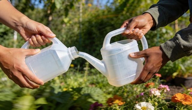 Pouring water between plastic jugs while filling clear watering can for garden care