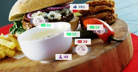Social media engagement overlay showcasing gourmet burger with fries, sauce bowl and chili