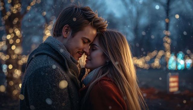Romantic Couple Embracing in Winter Night with Twinkling Lights