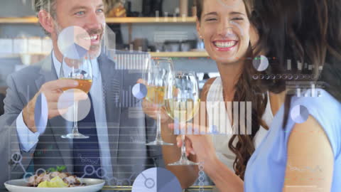 Colleagues Enjoying Dinner with Digital Interface Overlay