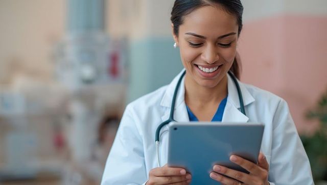 Clinician in lab coat using tablet for patient data management