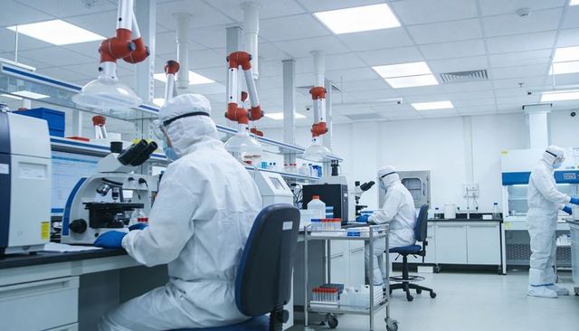 Lab technicians working in sterile cleanroom performing microscopy and molecular tests