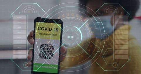 Digital health pass with interface and african american woman in mask