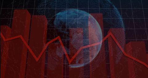 Displaying global market downturn with red declining bar chart and translucent digital globe