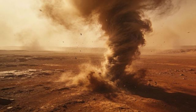 Giant dust vortex twisting over cracked red desert plain, lifting sand and rock debris