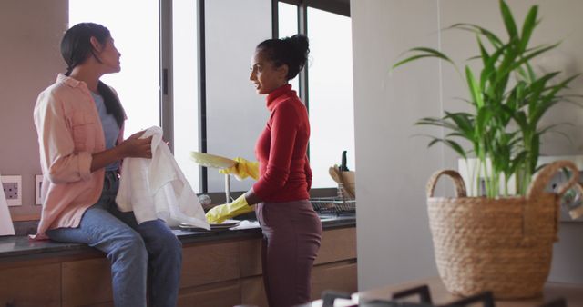 Two women engaging in a lively conversation while one is sitting and drying a dish and the other washing. The backdrop of a modern kitchen setting with a potted plant adds a homely and contemporary feel. Ideal for content related to household chores, friendship, domestic life, lifestyle blogs, and home decor inspiration.