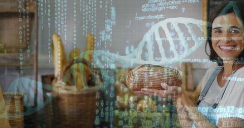 Smiling baker offering rustic sourdough loaf with dna helix and code overlay, food-tech concept