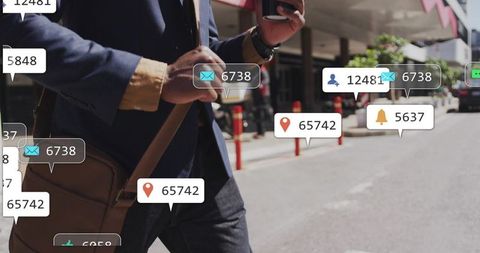 Professional walking checking smartphone with messenger bag and notification bubbles