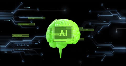 Futuristic AI Brain Surrounded by Digital Data Process