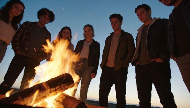 Young adults standing around bonfire on beach at twilight warming faces and bonding
