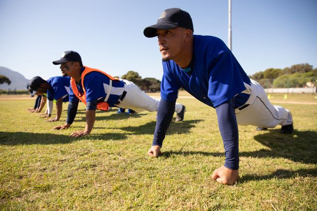 Multi ethnic team of male baseball players before a game in baseball field on a sunny day, warming up doing plank in a row. Baseball sports competition.