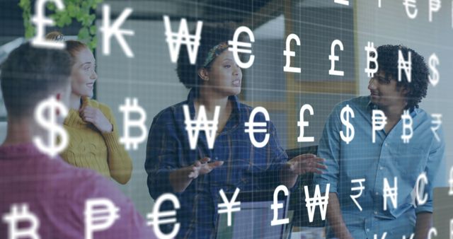 Diverse Team Discussing Financial Strategy with Currency Symbols Overlay - Download Free Stock Images Pikwizard.com