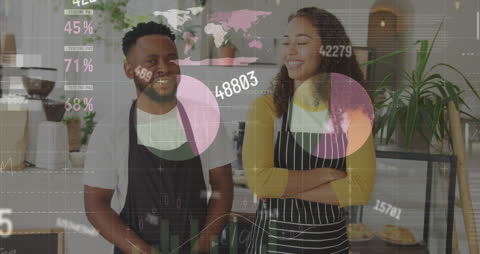 Diverse Café Staff in Aprons with Animated Data Overlay Concept