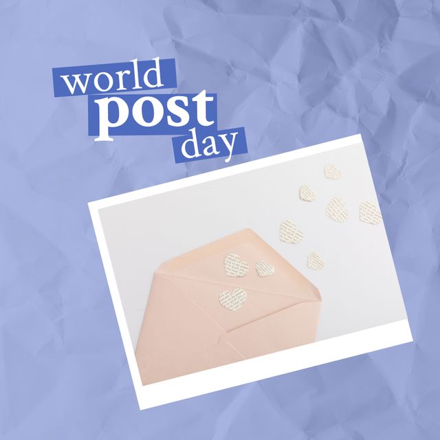 Creative design showcasing World Post Day with a love letter, heart cutouts, and envelope on crumpled paper background. Ideal for use in social media posts, holiday cards, awareness campaigns, and educational purposes.
