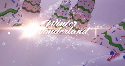 Winter wonderland glitter script over pastel confectionery snow hills with icing cones