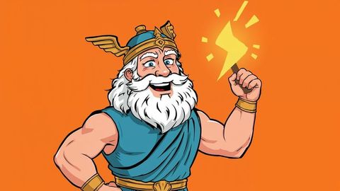 Mythical god zeus with lightning bolt on orange background