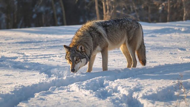Solitary gray wolf sniffing snow along treeline at golden hour in winter wilderness