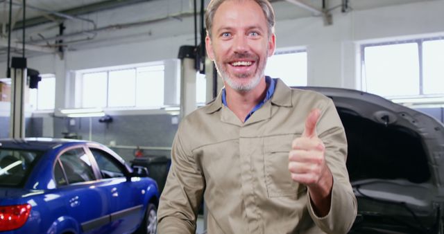 A middle-aged Caucasian man gives a thumbs up in a car workshop, with copy space. His cheerful expression and mechanic attire suggest customer satisfaction or a job well done in the automotive industry.