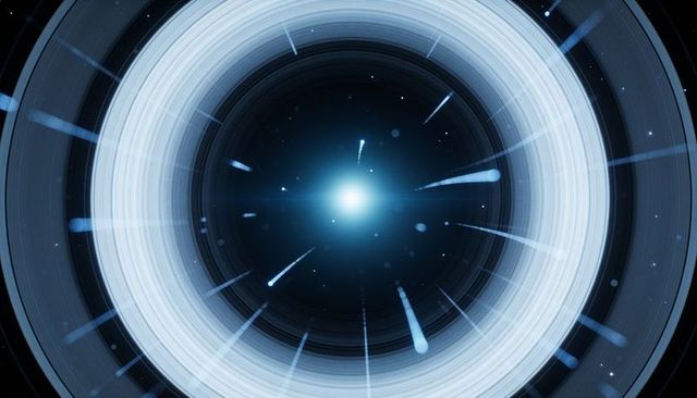 Glowing ring vortex in deep space with radiating light streaks and concentric rings
