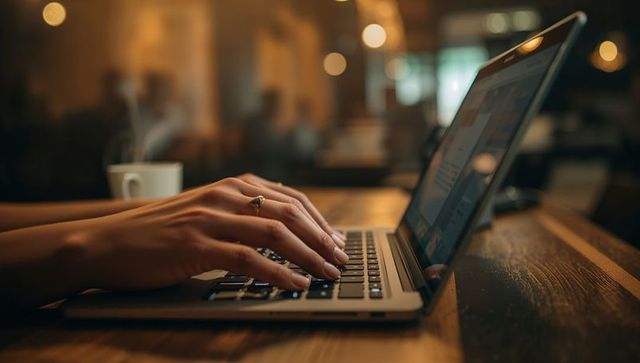 Focused professional typing on laptop in modern cafe