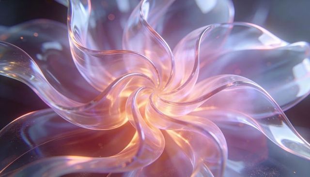 Glowing translucent spiral sculpture radiating warm light, iridescent reflections and bokeh