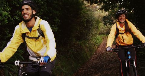 Couple Enjoying Scenic Bike Ride on Forest Trail - Download Free Stock Images Pikwizard.com