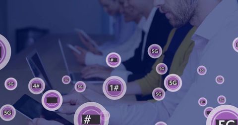 Business team collaborating on tablets and laptops with 5G connectivity overlay