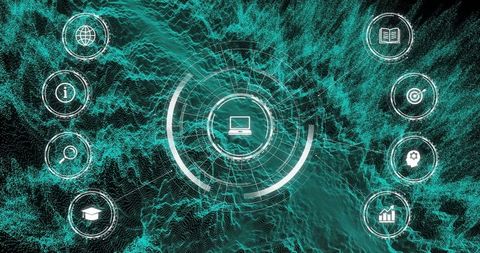 Digital Connectivity Interface with Futuristic Icons Over Waves