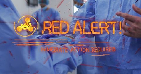 Surgical team exchanging forceps under red alert emergency overlay in operating room