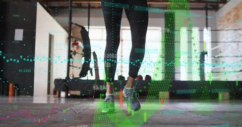 Jumping rope in gym with financial data overlay and fitness analytics visualization