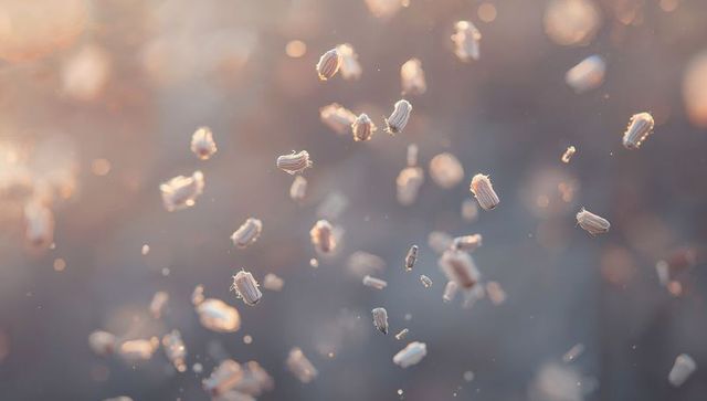 Floating plant seeds and pappus drifting in golden-hour backlight macro with soft bokeh