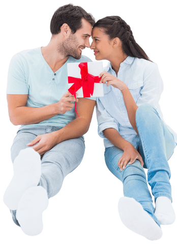 Happy Couple Sharing Romantic Gift on Transparent Background
