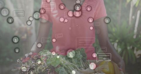Woman Holding Fresh Vegetables with Digital Conversation Overlay